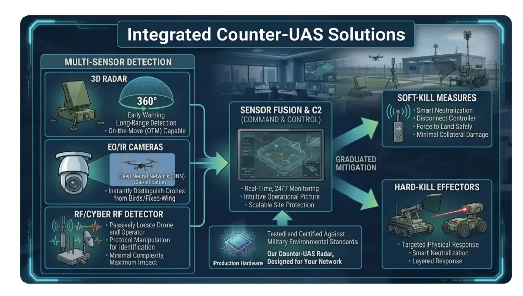 Infographic illustrating an Integrated Counter-UAS system featuring Multi-Sensor Detection (Radar, EO/IR Cameras, RF/Cyber RF), Sensor Fusion & Command Control, and Graduated Mitigation options including Soft-Kill and Hard-Kill Effectors.
