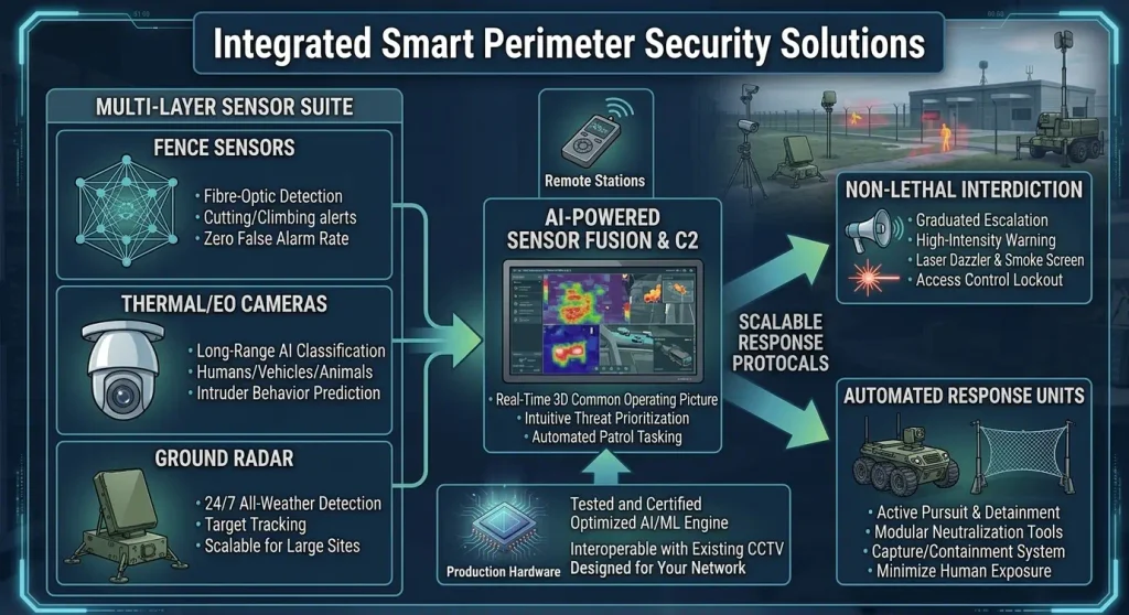 System architecture infographic for "Integrated Smart Perimeter Security Solutions" displaying sensor input, central AI command, and response protocols.